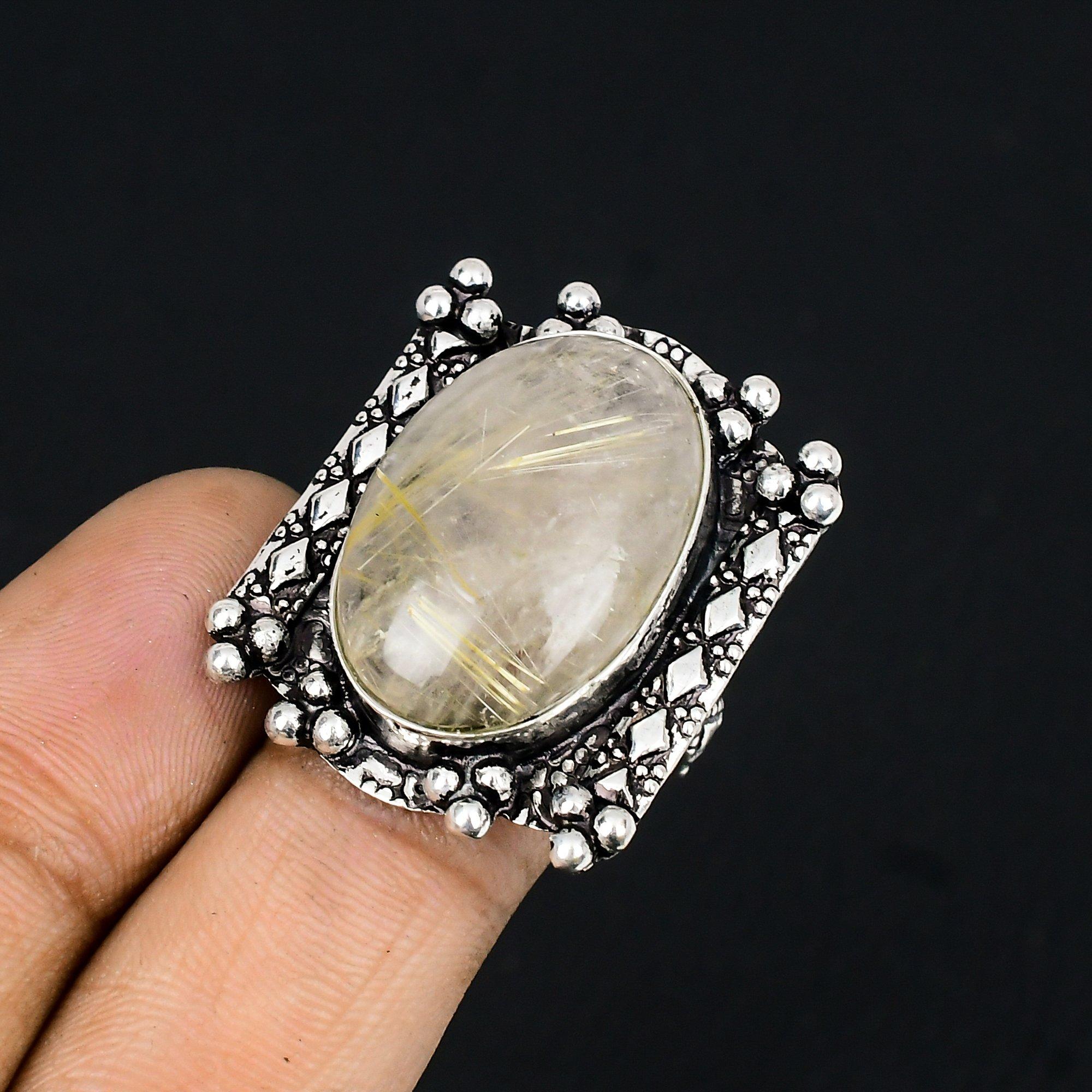 

Halloween Sale Oval Golden Rutile Gemstone Statement Ring Size 7.5 925 Silver 7.5