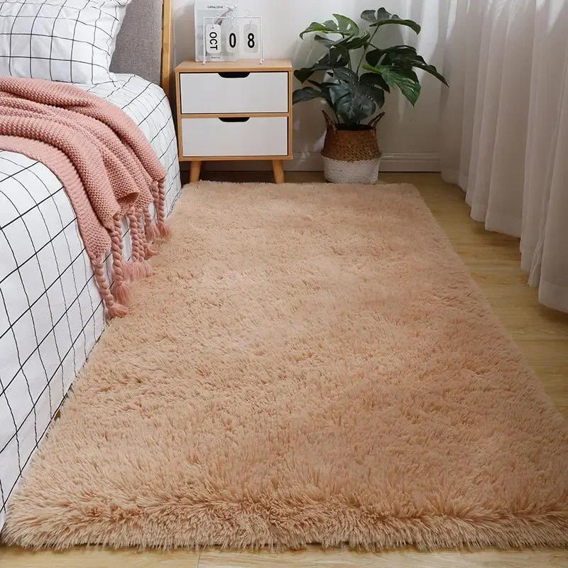 Fluffy Cream White Woolen Rug Solid Color Silk Wool Bedside Blanket Women's Room Rug Non Slip Bottom Living Room Mat Home Decor