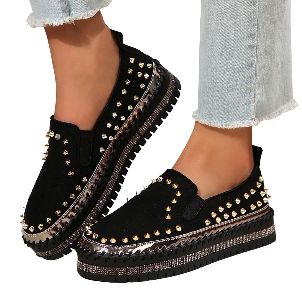 Low Top Toe Silver Rivet Design Casual Shoes Black Flats Suede Lace-Up Couple Sneakers Bottoms Shoes For Women Walking Shoes