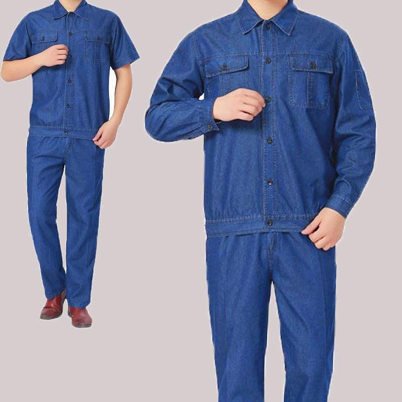 

Men s Summer Work Suit: Breathable, Wear-Resistant Denim with Thin Short/Long Sleeve Tops and Pants for Welding Protection 170/L