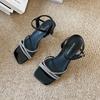 X282-2 sexy one-word buckle with hollow women's sandals 2025 new summer rhinestone fairy temperament thick heels