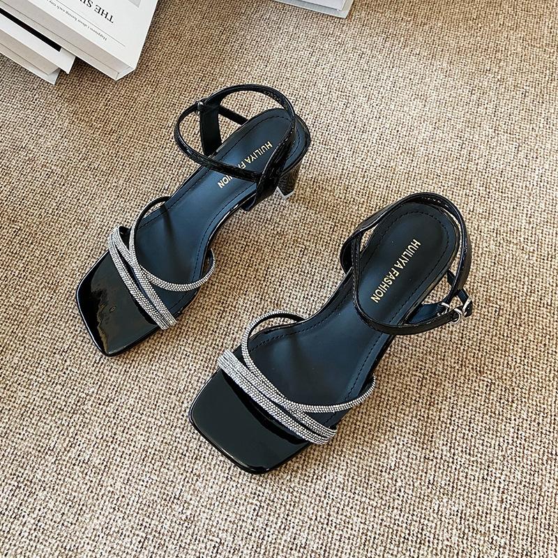 X282-2 Sexy One-word Buckle with Hollow Women's Sandals 2025 New Summer Rhinestone Fairy Temperament Thick Heels