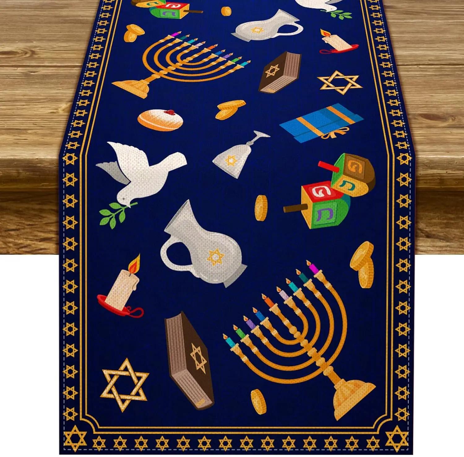 Hanukkah Linen Table Runner Chanukah Menorah Dreidel Star of David Jewish Festival Kitchen Dining Table Runners Home Decoration 150x33cm