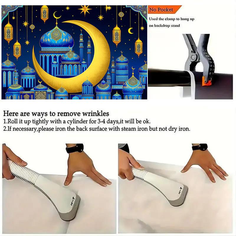 Romantic Night Sky Blue Gold EID Al Adha Background Decor,Crescen,Mosque,lantern,Moon Star Design,Festive Party Celebrations