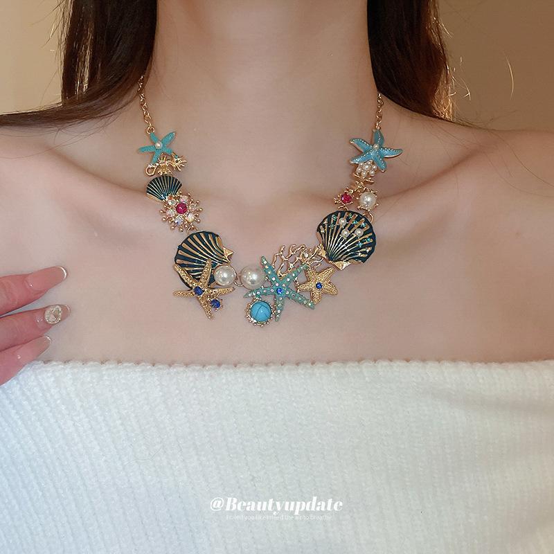 Dripping Starfish Shell Coral Stud Earrings Necklace Versatile Clavicle Chain Set