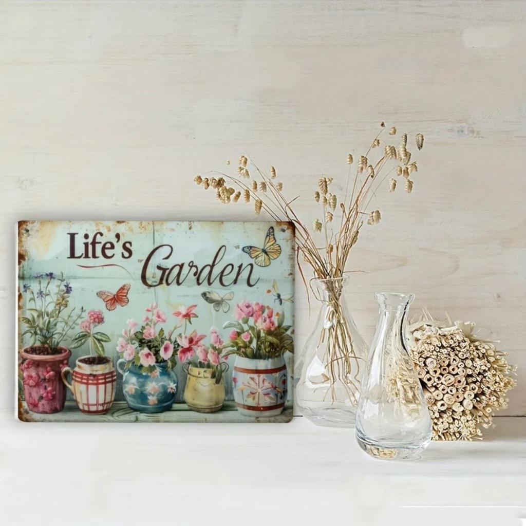 Retro Metal Tin Sign Wall Decor, Vintage Rustic Garden Outdoor Art, Waterproof Corrosion-Resistant Weatherproof, Pre-Drilled Han