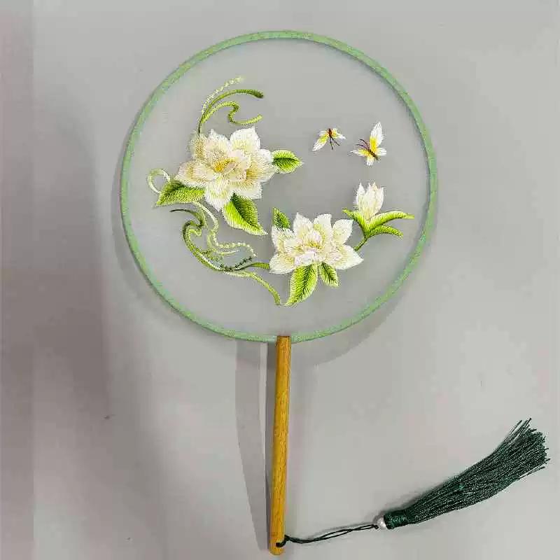 Embroidered Round Fan, Chinese Ancient Style Round Fan, Fairy-Like Hanfu Cheongsam Fan, Classical Palace Fan, Gardenia Jasmine Dance Fan