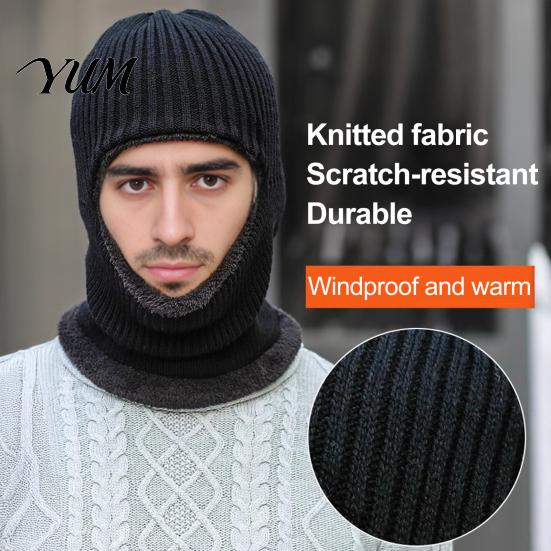 Men Knit Hat Hooded Scarf Hat, Warm Balaclava Hood for Winter Cold Solid Color Weather, Windproof Neck Warmer Skull Cap Outdoor Cycling Weather