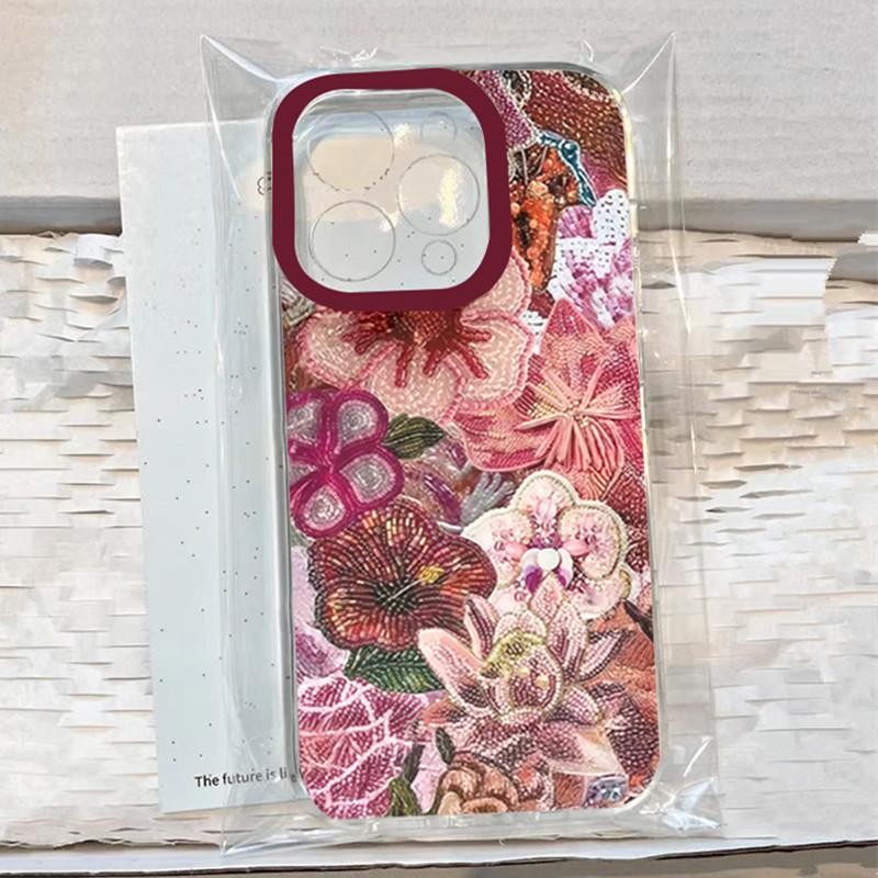 Floral Dream Beaded Embroidery Print Phone Case for iPhone 17 16 15 14 13 12 11 Pro Max XS X 7 8 Plus SE 2022 16E Soft TPU Cover
