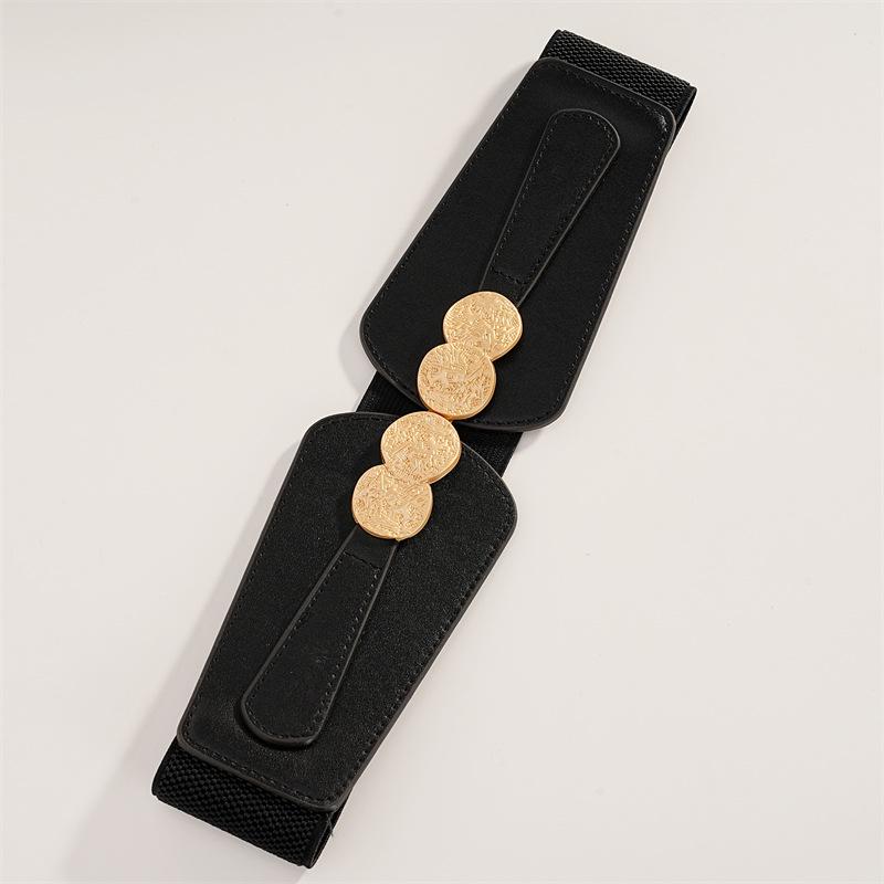 Retro Women's Wide Elastic Waist Belt with Interlocking Buckle - Available in Black and Camel Colors for Coat or Sweater.