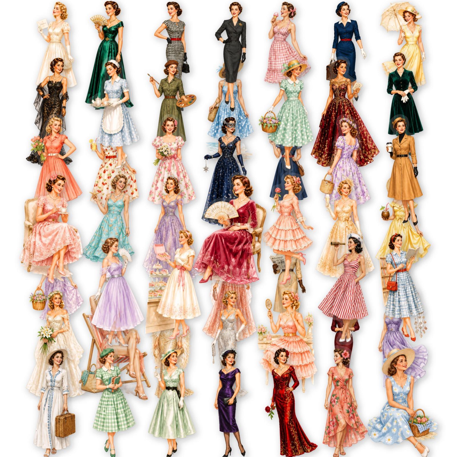 50 STUKS Mooie Retro Vrouw in Jurk Prachtige Stickers Transparante Waterdichte Decals Decoreren Kunstboek Telefoonhoesje Decals