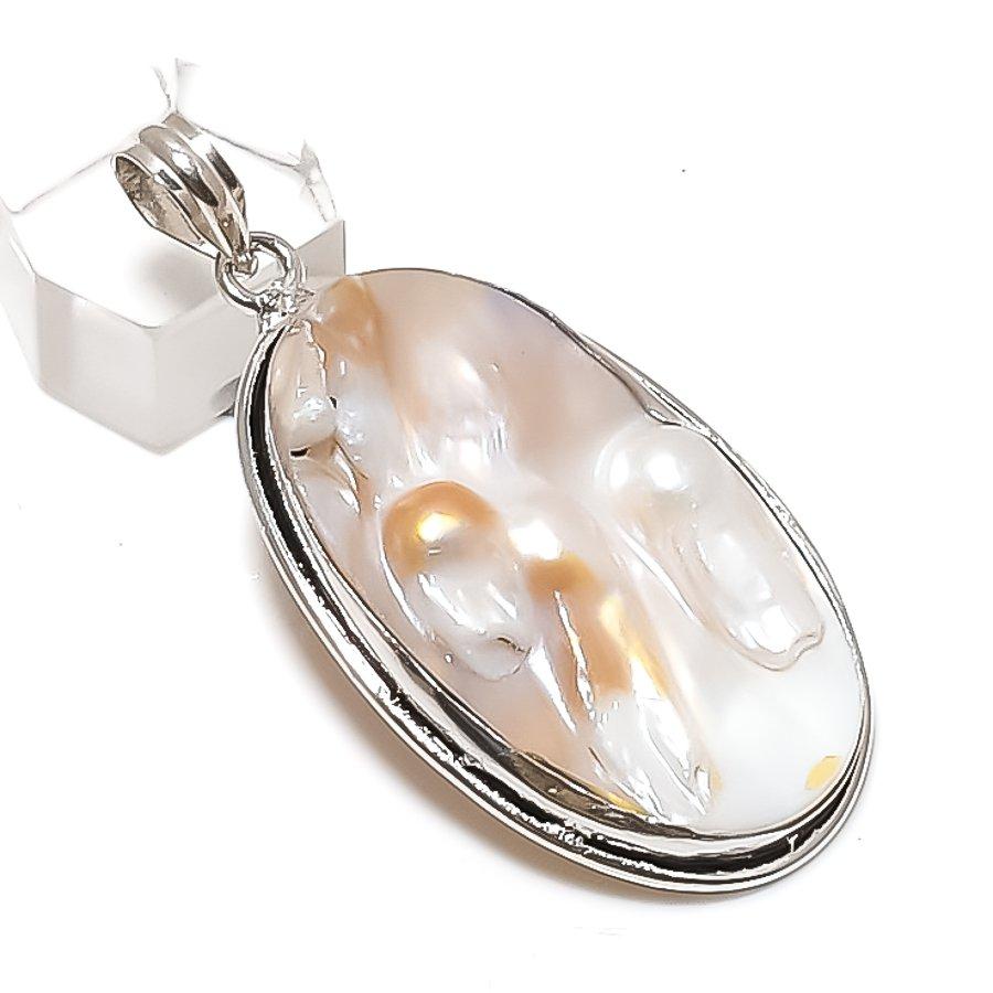 Biwa Pearl Gemstone Handmade 925 Sterling Silver Jewelry Pendant 2.40" n3j45