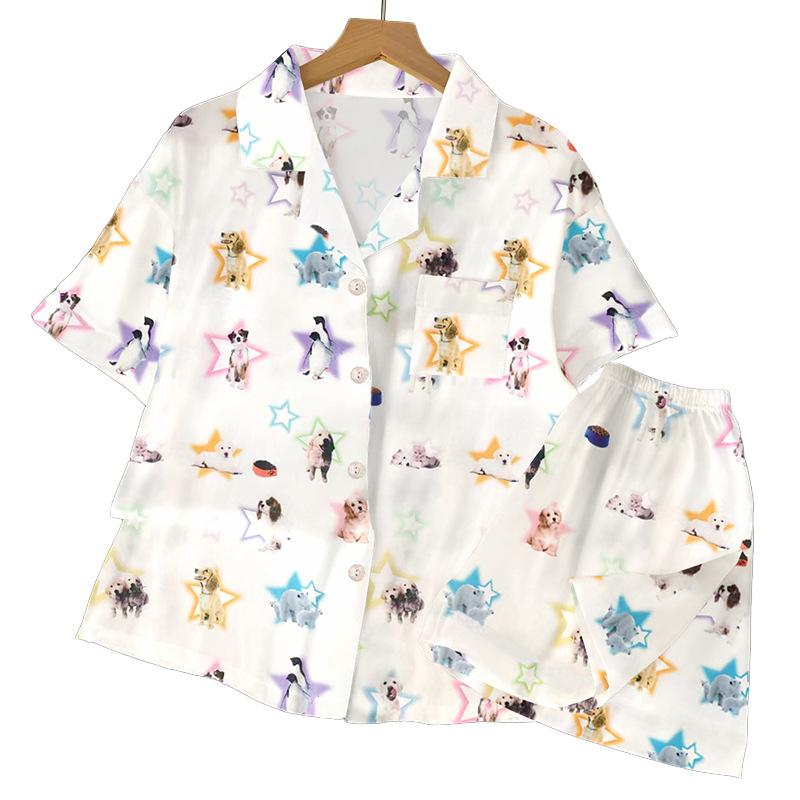 Happy Stars Cartoon Ice Silk Pajamas Women'S Summer High-End Loungewear Short-Sleeved Set