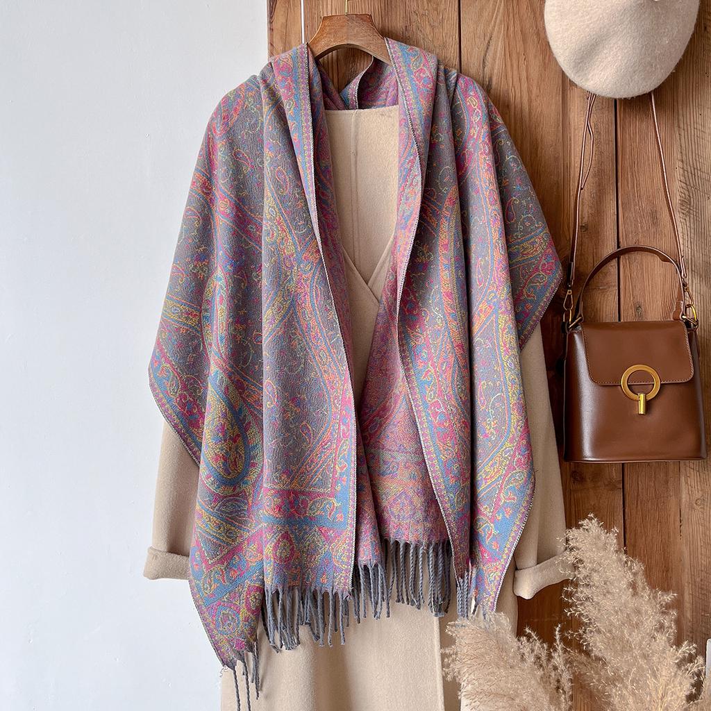 Fashion Winter Cashmere Shawl For Women - Tasseled Vintage Oil Painting Floral Printed Pashmina Thick Wrap, Scarf & Echarp