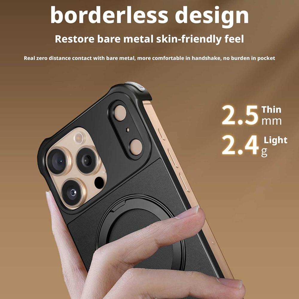 For iPhone 16 Pro Max Magnetic Case with Kickstand Borderless PU+Metal Drop Proof Phone Back Cover