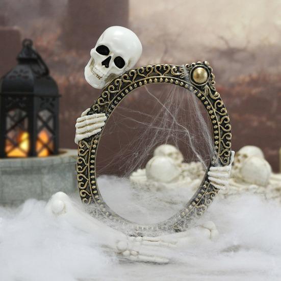 Vintage Skeleton Mirror Frame Statue Gothic Halloween Skull Hold Mirror Figurine Resin Skeleton Sculpture for Shelf Mantel Home Office Decor