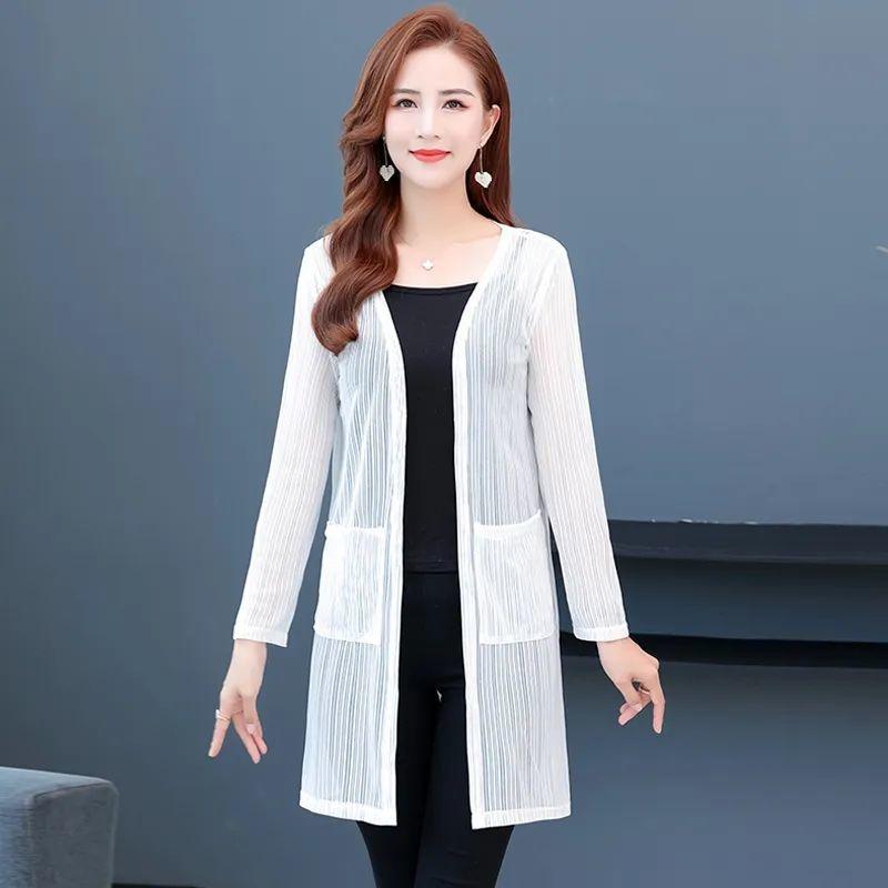 Summer New Plus Size Women's Outerwear Lace Medium Long Shawl Top Mesh Cardigan Thin Jacket