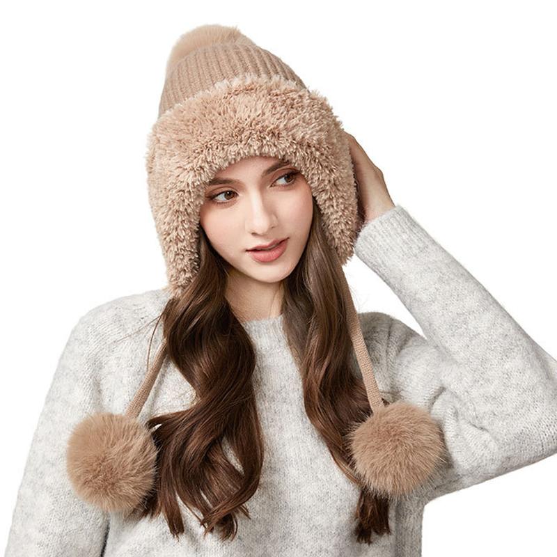 Outdoor Velvet Warm Wool Hat Women's Winter Plush Edge Ear Protection Wool Ball Knitted Hat