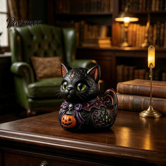 Spooky Home Accents Midnight Witches Cat Duck Figurine, Black Statue Resin Animal Ornament with Pumpkin Lantern, Halloween Decoration for Tabletop