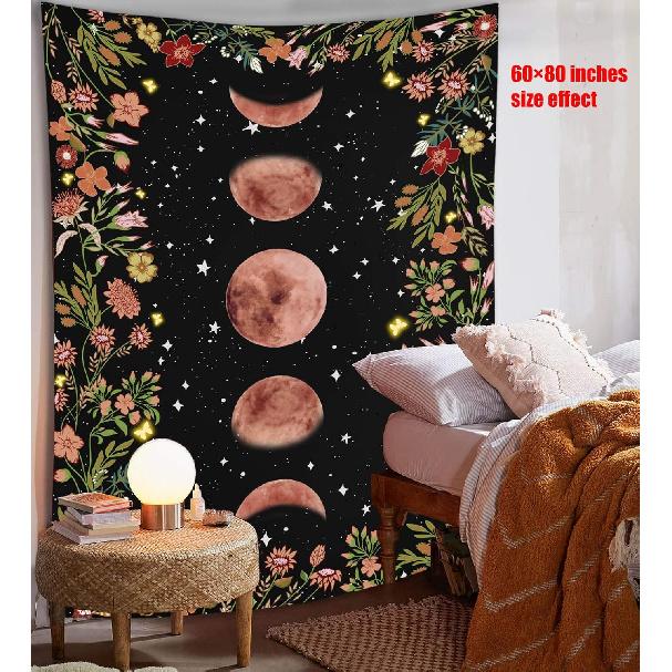 Rexful Moonlit Garden Tapestry, Moon Phase Surrounded by Plants and Flowers Black Wall Hanging Blanket 36×48 inch