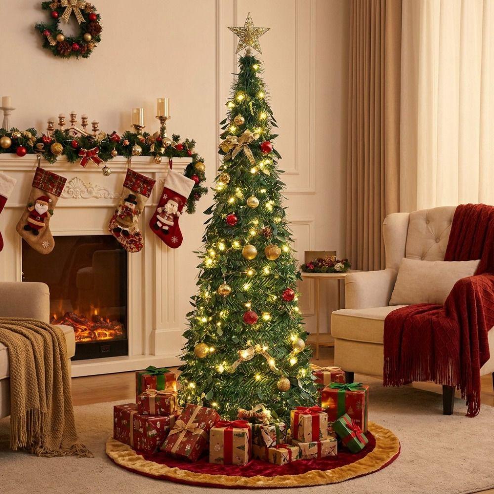 Warm White Lights Folding Christmas Tree Pre-Decorated Collapsible Holiday Tree  Festive Decor