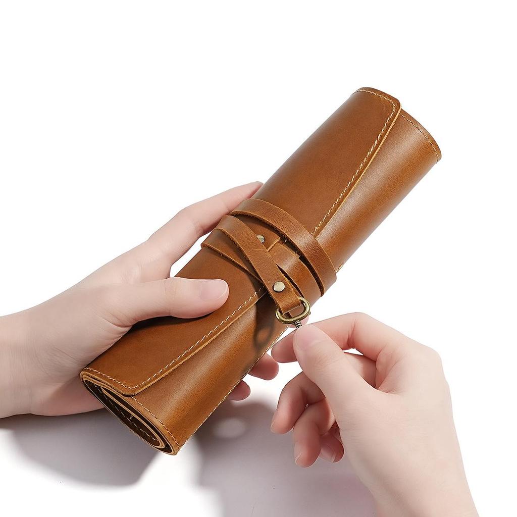 Reise Leder Roll-Up Stiftemäppchen - Crazy Horse Füllfederhalter, Bleistift & Kugelschreiber Halter