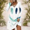 Women Criss Cross V Neck Long Sleeve Fitted Halloween Printed Curved Hem Dress