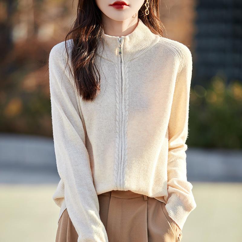 Autumn And Winter New 100 Wool Cardigan Women'S Semi-Turtleneck Zipper Sweater Jacket Wool Knitted Bottoming Shirt Top