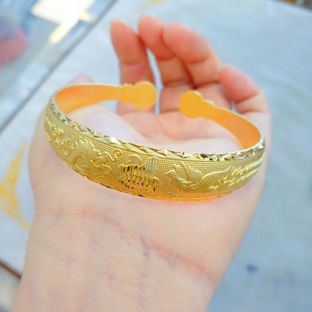 Vietnamese Sand Gold Dragon & Phoenix Open Bangle: Brass Gold-Plated, Symbolizing Auspiciousness for Women