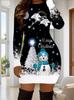 3D Santa Claus Christmas Tree Print Dress Autumn New Year Christmas Party Mini Dress Women's Long Sleeve Round Neck Tight Dress