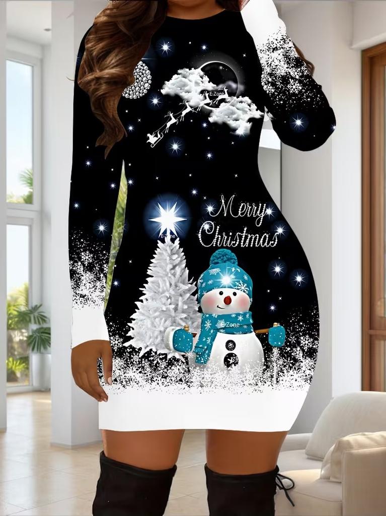 3D Santa Claus Christmas Tree Print Dress Autumn New Year Christmas Party Mini Dress Women's Long Sleeve Round Neck Tight Dress