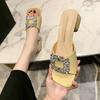 Summer New Thick Heel Slippers for Women's Outwear, Square Head One Line Drag, Diamond Square Buckle Middle Heel Slippers