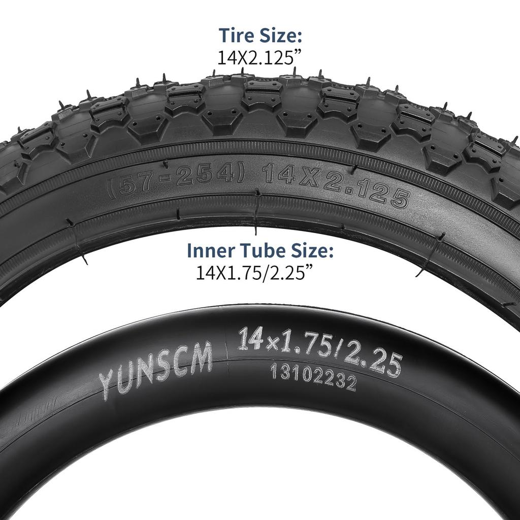 YunSCM Set of 2, 14x2.125 Tires, 57-254 Bicycle Tires + 14x1.75/2.25 Tubes with 32mm Wall Wall and American Valves + Rim Tape, Y-260