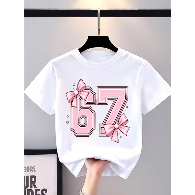 European Sizes 1pc Round Neck T-Shirt, Pink Bow Number 67 Art Casual And Fashionable T-Shirt