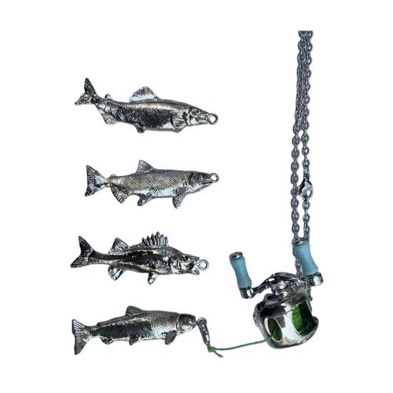 Collar con Colgante de Carrete de Pesca Miniatura con Manivela Giratoria Guía de Hilo Extraíble Llavero de Accesorios de Pesca Multiusos Colgante para Mochila