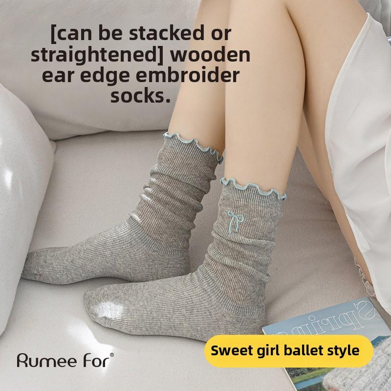 5 Pairs of Female Spring and Summer Bow Embroidery Lace Everything Breathable Tube Pile Socks