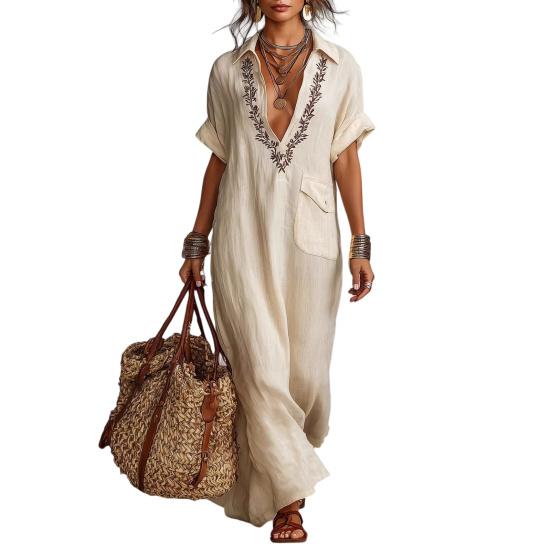 Sommer Baumwoll-Leinen Maxikleid für Damen Lässig V-Ausschnitt Kurzarm Fließendes Strand-Sonnenkleid Bestickte Tunika Langes Kleid mit Tasche