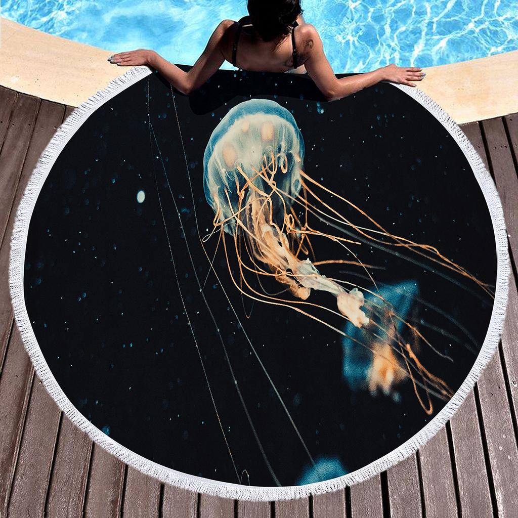 Jellyfish Round Beach Towel Microfiber Absorbent Quick Dry Sand Free Picnic Mat for Bathroom Pool Surf Travel Outdoor Meditation