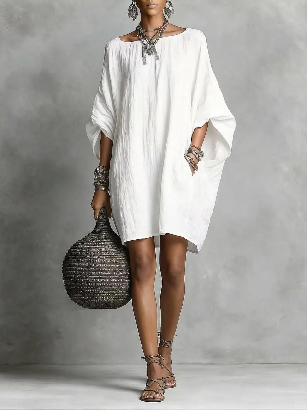 2026 European, American spring and summer casual fashion imitation cotton and linen batman loose dress XS