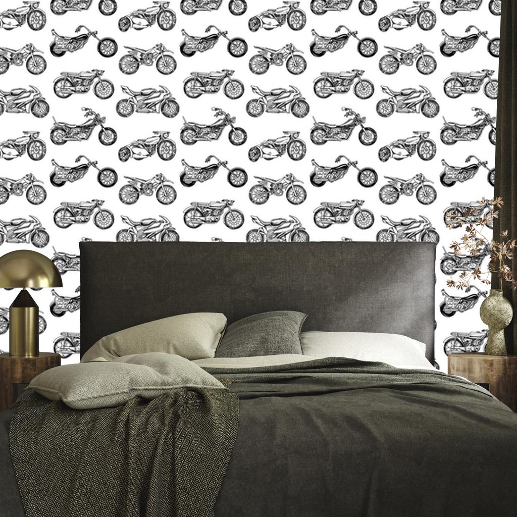 Wallpaper Black and White Drawn Motorcycles for Living Room and Bedroom 50x1000