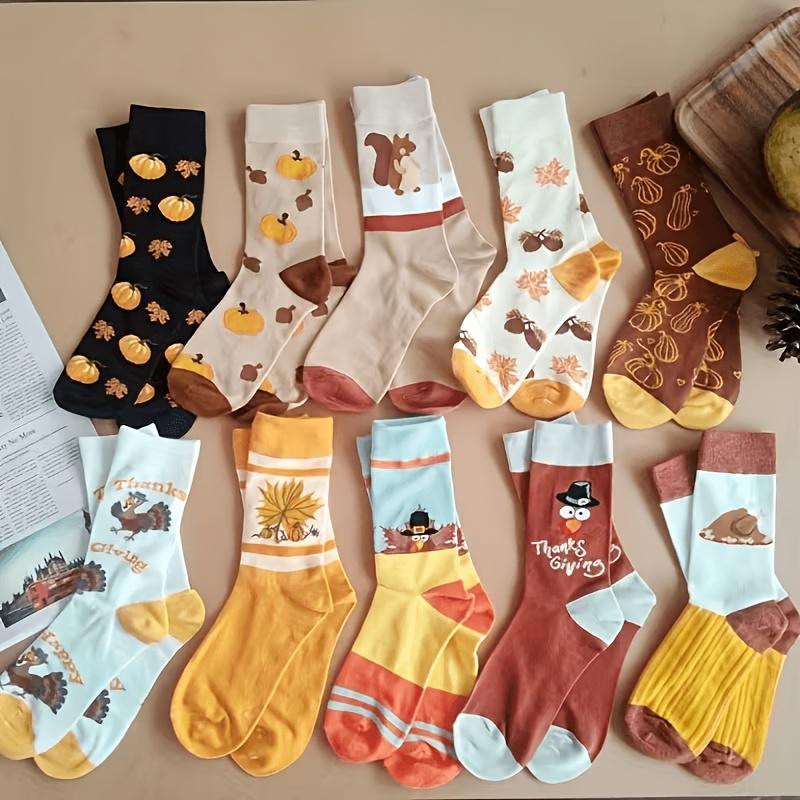 5 Pairs Of Random Halloween And Thanksgiving Turkey And Pumpkin Women's Mid-Calf Socks