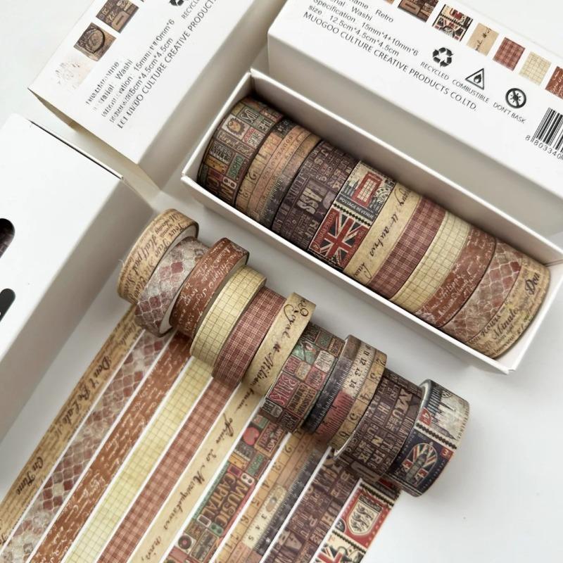 10 Roll Vintage Style  Washi Tape Set Adhesive Multi-Pattern Scrapbooking Tape Retro DIY Journals Deco Art Supplies