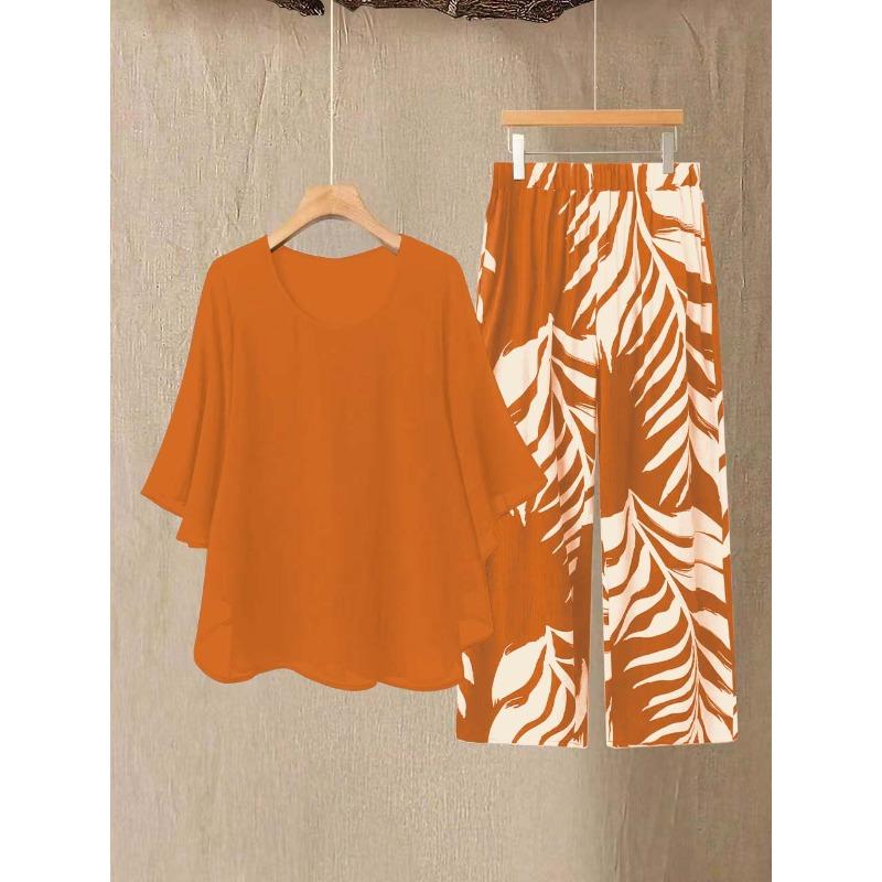 Damen Sommer Chiffon Kurzarm Zweiteiler Set in Übergröße – Elegantes Lockeres Oberteil und Hosen Outfit