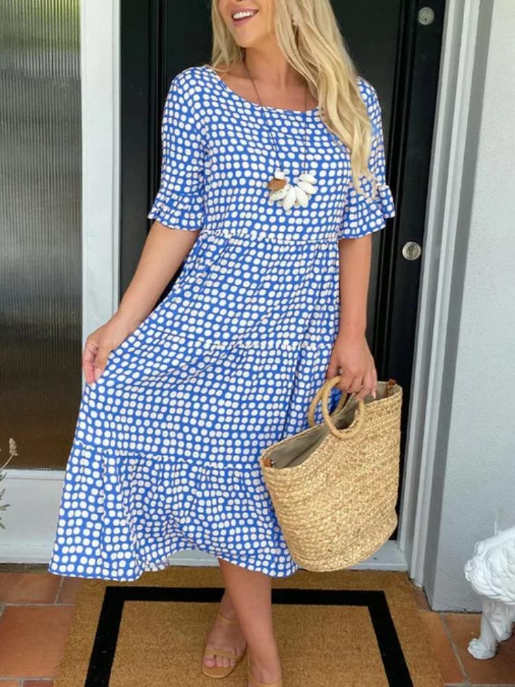 

Black and White Polka Dot Dress with Ruffled Sleeves and Floral Detail, Casual Summer Dress 3XL синій