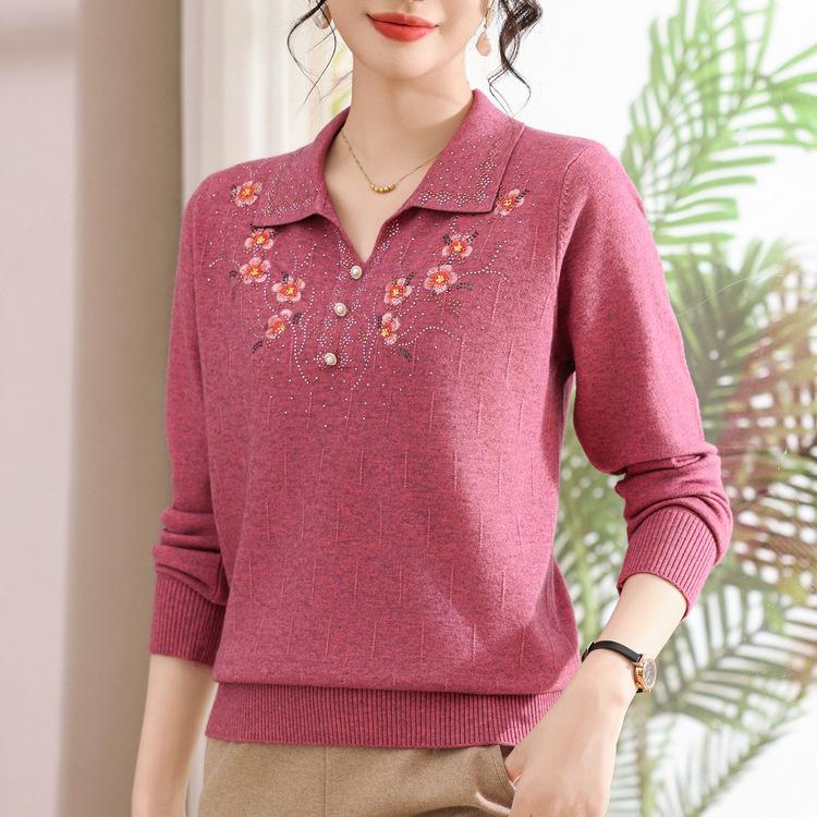 Middle-aged and Elderly Women's Spring Clothes 40 Years Old 50 T-shirt Knitted Sweater New Fashionable Mother's Early Spring Fashionable Top