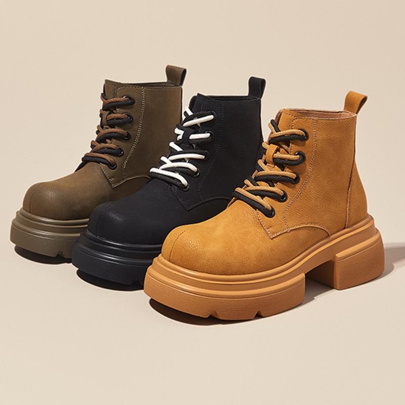 Women's Ankle Boots and Short Boots Thick-soled Casual Yellow Women Boots Plus Size Lace-up Motorcycle Boots Female