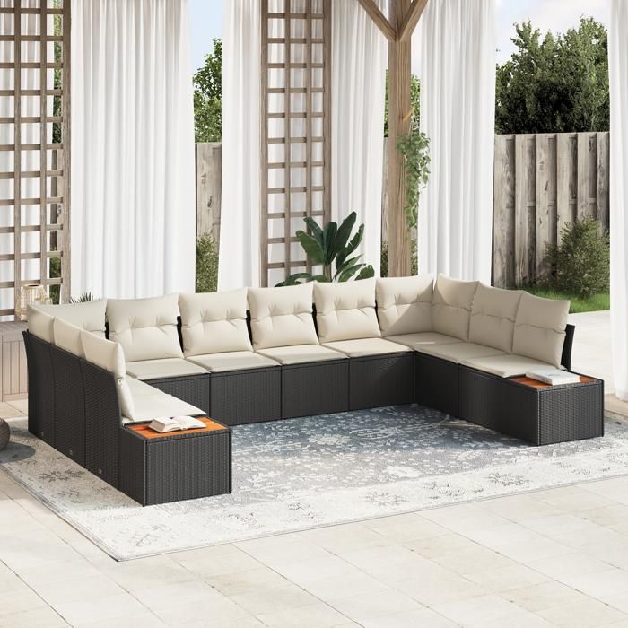 VidaXL Ensemble de Canapés de Jardin de 10 Pièces avec Coussins Noir Rotin Synthétique Acacia 3348173