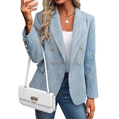 Altın Düğmeli Açık Mavi Çift Düğmeli Kadın Blazer Ceket, Dar Kesim Kısa Takım Ceket