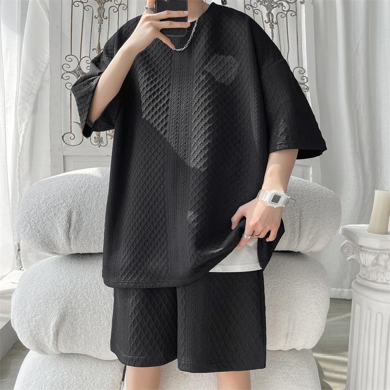 2026 Summer Men Sets Fashion Loose Casual T Shirts + Shorts Men New Korean High Street Jacquard Plaid T-shirt Short Sets