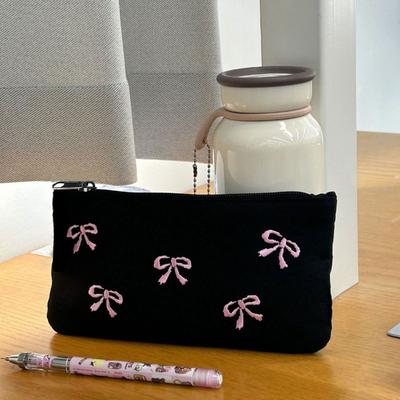 Black Bow Embroidery Pen Bag High Appearance Level Cosmetic Storage Bag Simple Ins Cosmetic Bag 1 Pack (zipper Direction Random)